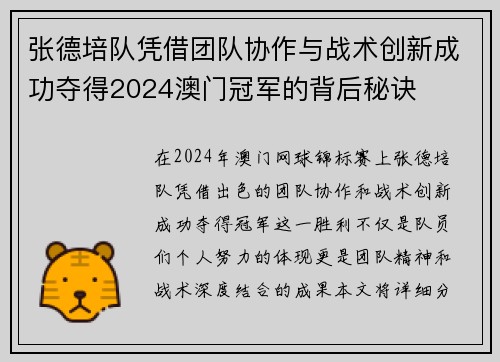张德培队凭借团队协作与战术创新成功夺得2024澳门冠军的背后秘诀